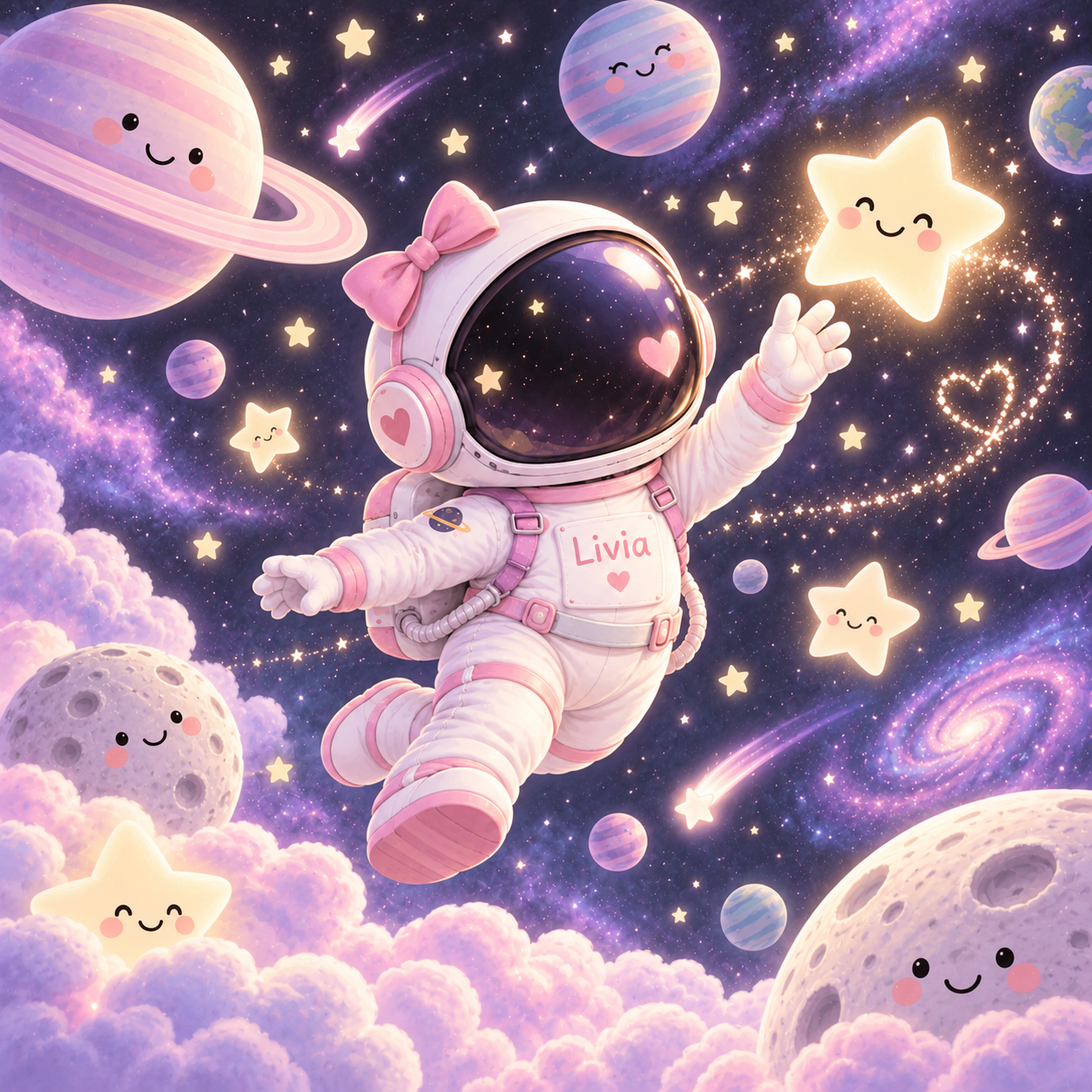 Astronauta bebê Lívia flutuando entre planetas e estrelinhas