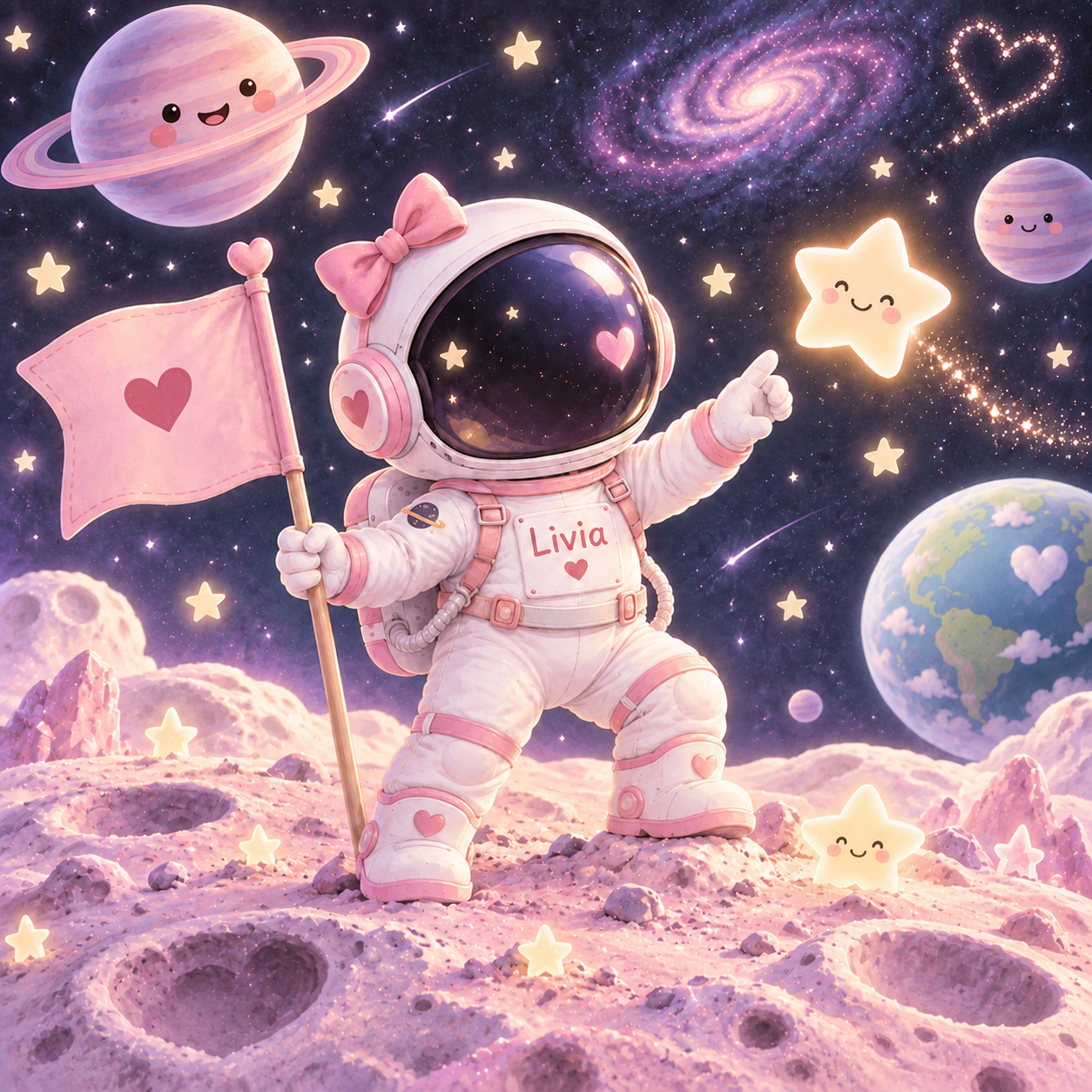 Pequena astronauta Lívia com uma bandeira de coração na lua