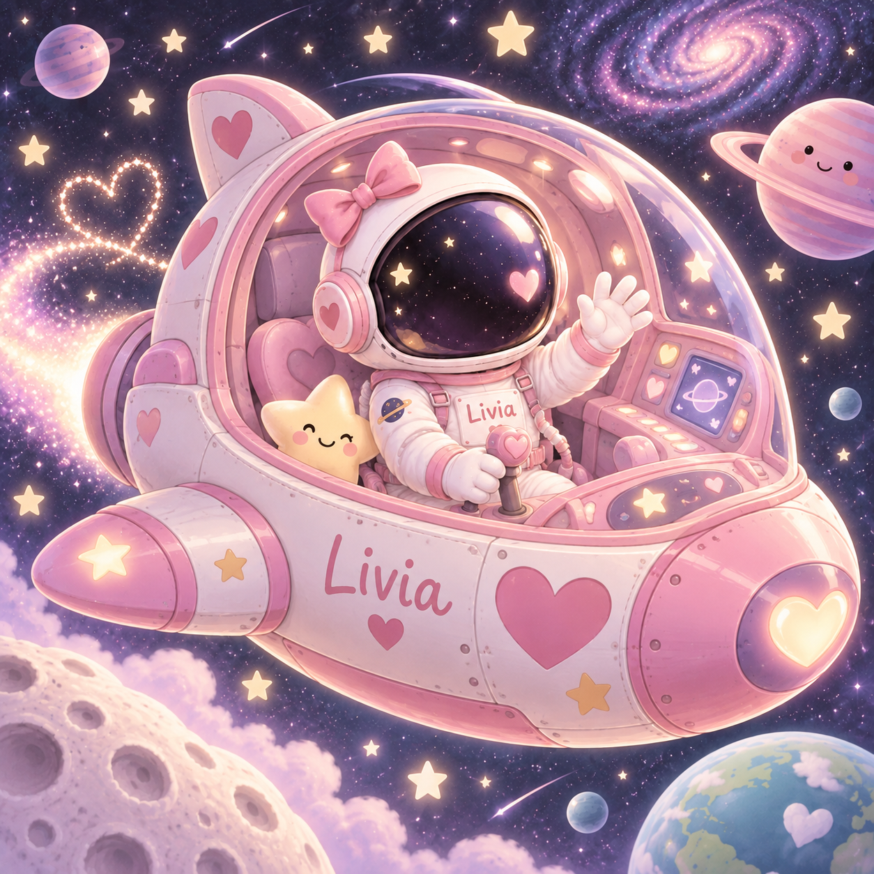 Lívia a caminho da festa em sua nave espacial rosa